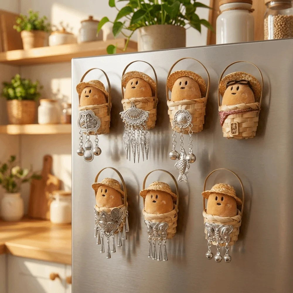Bamboo Basket Design 3D Plush Potato Fridge Magnet Soft Handmade Potato Doll Refrigerator Magnets with Bell