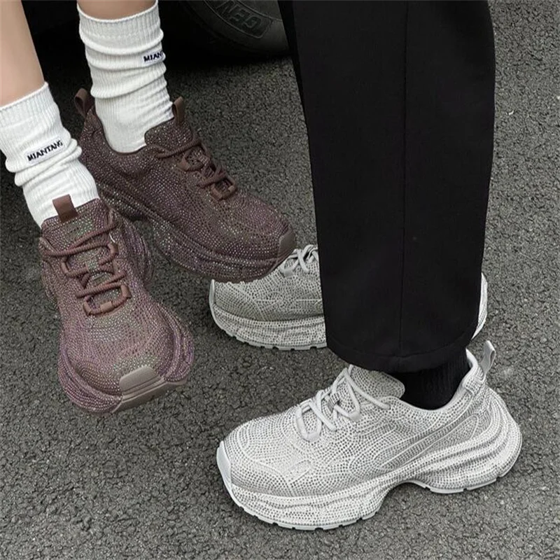 5cm Synthetic Air Mesh Genuine Leather Vulcanize Chunky Sneakers Leisure Spring Bling Women Casual Platform Wedge Summer Autumn