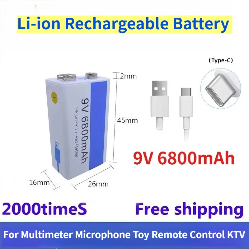 

9V 6800mAh Li-ion Rechargeable Battery for Multimeter Microphone Toy Remote Control KTV Use with Charging Cable