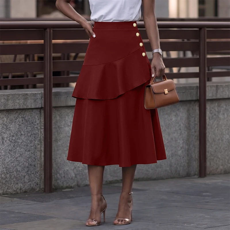 VONDA Elegant Office Work Skirts Women Vintage Solid Color Overskirt Casual Loose Ladies A-Line Skirts Mid-Length Bottoms