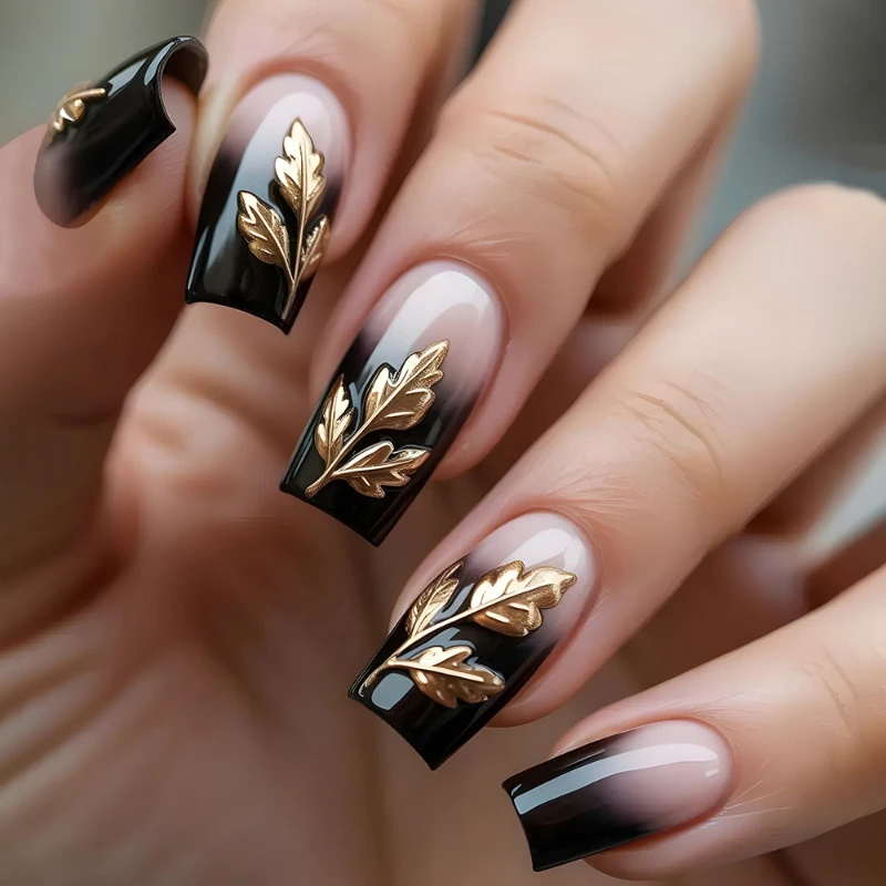 

24PCS Black Gradient French Simple Ins Nail Tips Autumn Winter Golden Leaves Patterns False Nails Medium Square Fake Nails Women