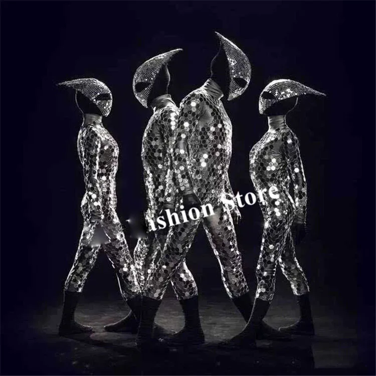 민속 무용 실버 미러 글라스 무대 의상 여성 미러 의상 파티 코스프레 의상 로봇 남성 슈트