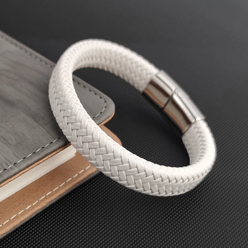 Bracelet tressé en cuir blanc pour hommes, fermoir à boucle en acier inoxydable, fait à la main, vente en gros, bijoux, cadeau