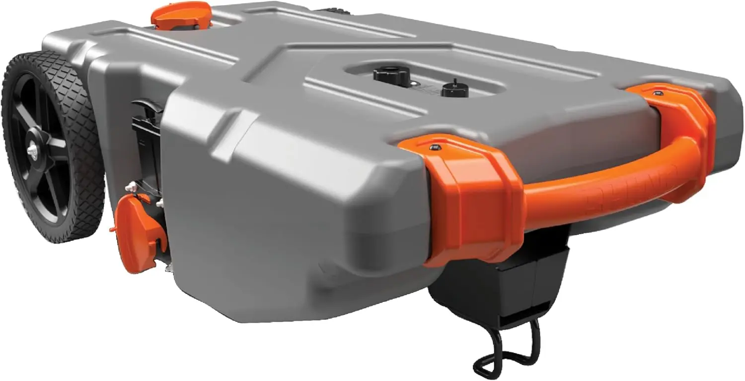 Portable Camper / RV Tote Tank - Features Large Heavy-Duty No-Flat Wheels & Built-In Gate Valve - Removable Steel Tow Adapter