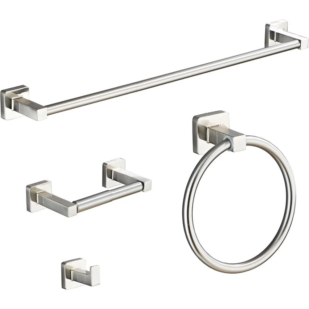 

Brushed Nickel Bathroom Hardware Set, 4-Piece Wall Mounted Accessories with Towel Bar and Hooks