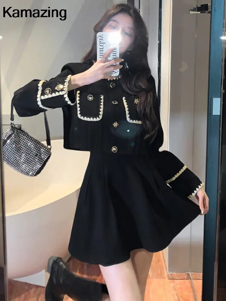 Autumn New Elegant Two-Piece Skirt Sets Women Korean Fashion Chic Crop Jacket Coat Solid Mini Skirt Female Clothing Y2K Outfits