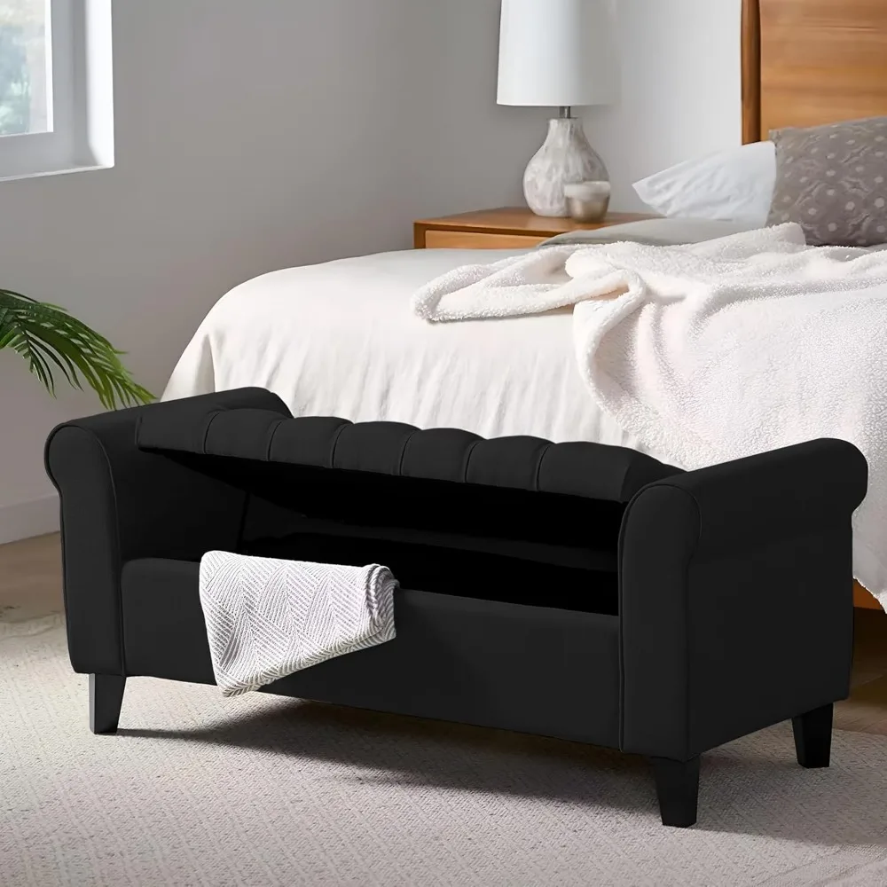 Storage Ottoman Bench, Upholstered End of Bed Storage Bench with Tufted Cushioned Rolled Arm Large Storage Space