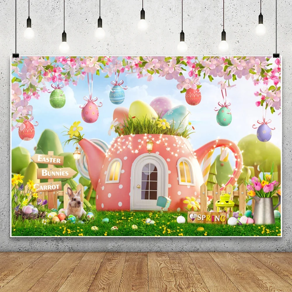 

Happy Easter Day Photography Backdrop Spring Floral Green Grass Bunny Colorful Eggs Wood Fence Kid Portrait Photocall Background