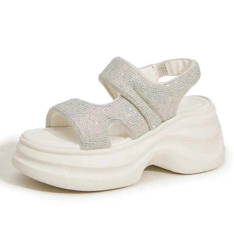 

2026 8cm Air Mesh Microfiber Leather Ankle Boots Bling High Brand Comfy peep toe Fashion Summer Chunky Sneaker Hook Shoes Women
