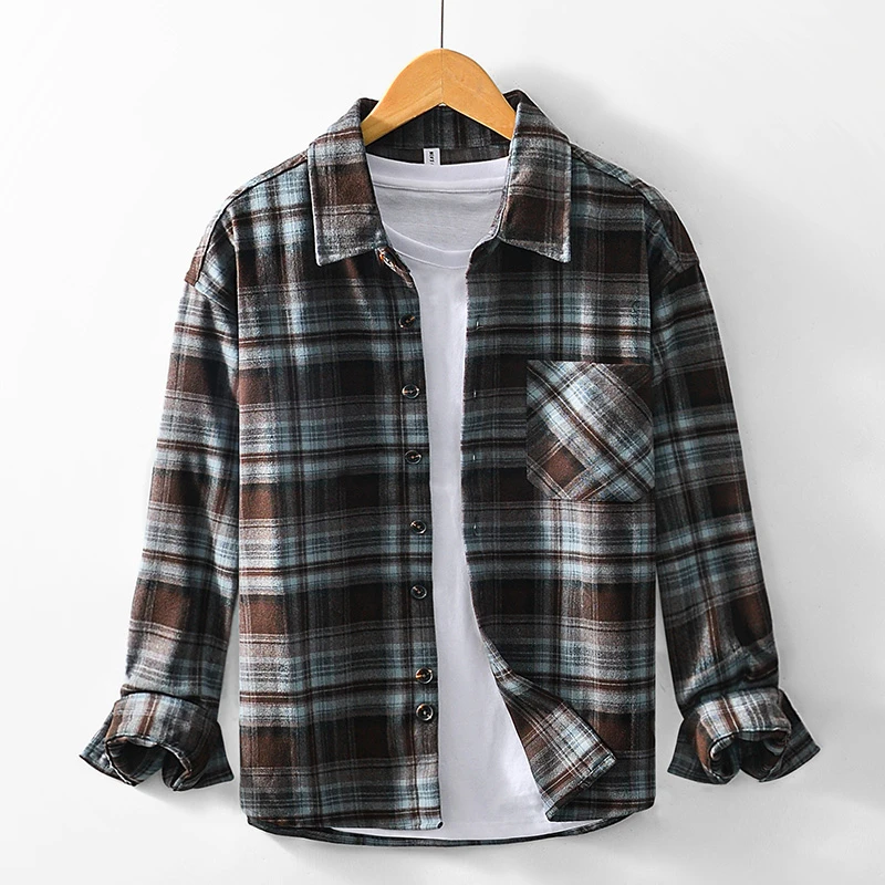 

Men Shirt Plaid Long Sleeve Loose Street Mens Casual Shirt Coat Oversize Male Fashion Soft Vintage Tops Spring Autumn Versatile