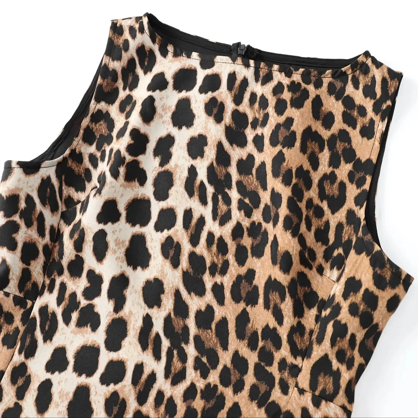 TRAF-Mini vestido de leopardo feminino estampado com zíper traseiro, vintage, o-pescoço, sem mangas, vestidos chiques, moda feminina, 2024