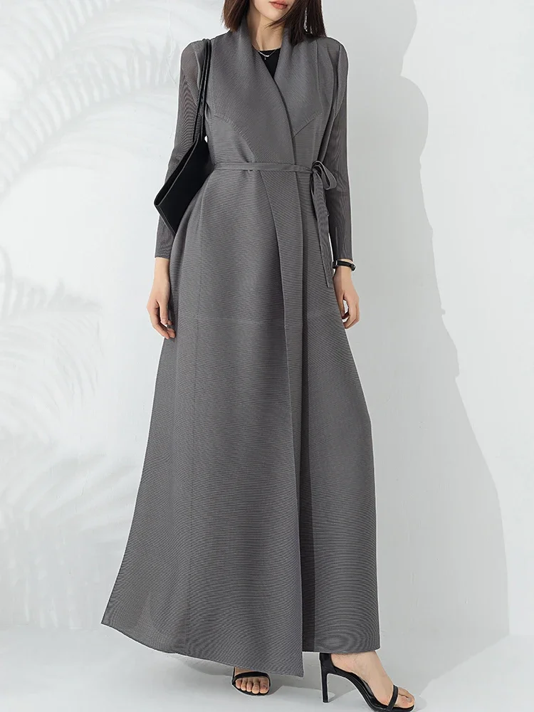 2024 Summer New Temperament Fashion Long Trench Coat Long Sleeve Lapel Waist Strap Elastic Outer Robe