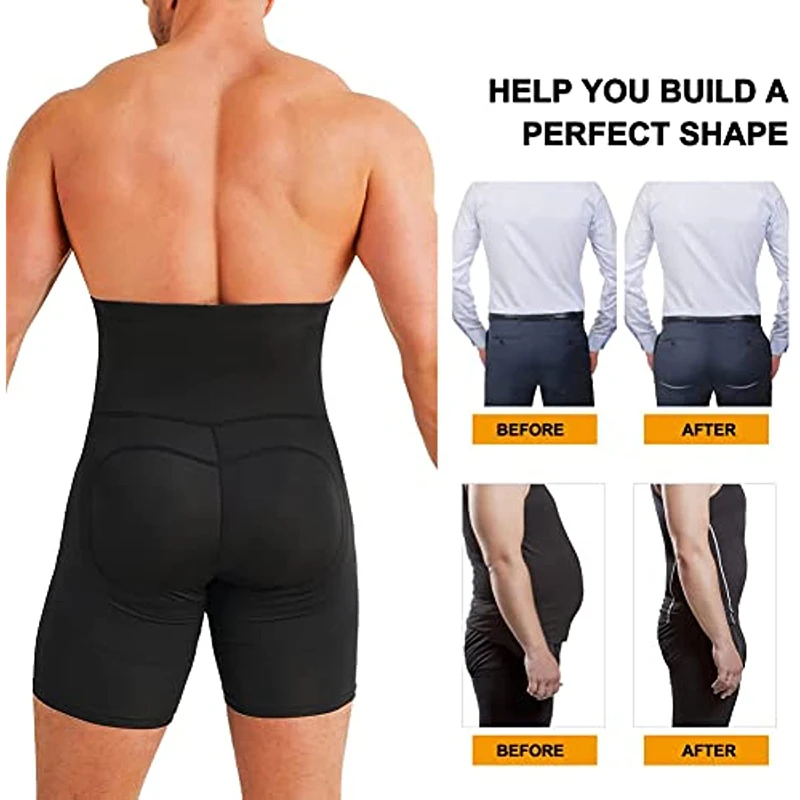 Men High Waisted Tummy Control Shorts Shapewear Slimming Training Body Shaper Girdle Compression Padded Underwear Boxer Briefs