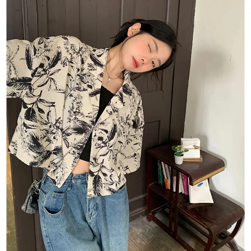 Vintage Print Short-sleeve Shirts Women Unisex Crop Loose Casual French Style Blouse Summer Holiday Ins All-match Outwear Tops