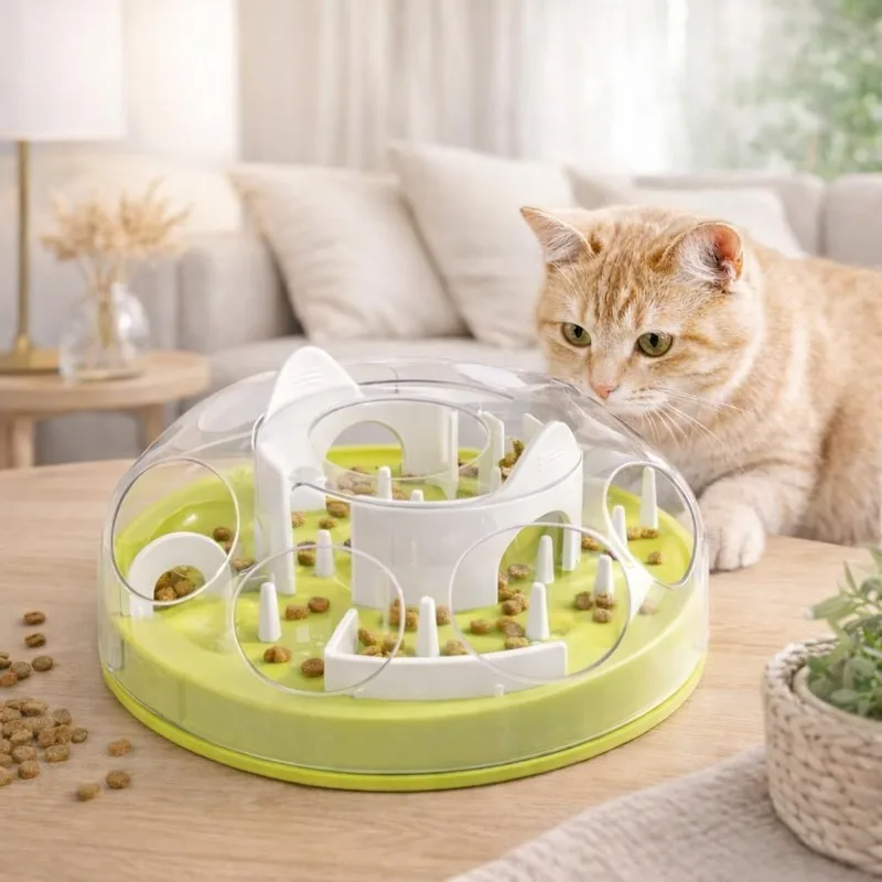 Jouet distributeur interactif de friandises pour chat, structure de labyrinthe à alimentation lente, fonction anti-étouffement pour une alimentation lente, distributeur de nourriture stimulant l'esprit pour le divertissement quotidien des chats d'intérieur.