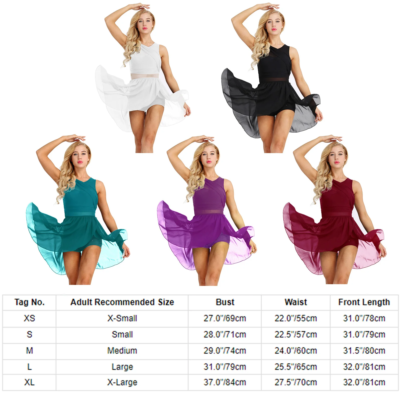 Womens Ballet Dance Gymnastics Leotard Dress Lyrical Modern Dance Dress Sleeveless Asymmetric Chiffon Stretchy Stage Costume