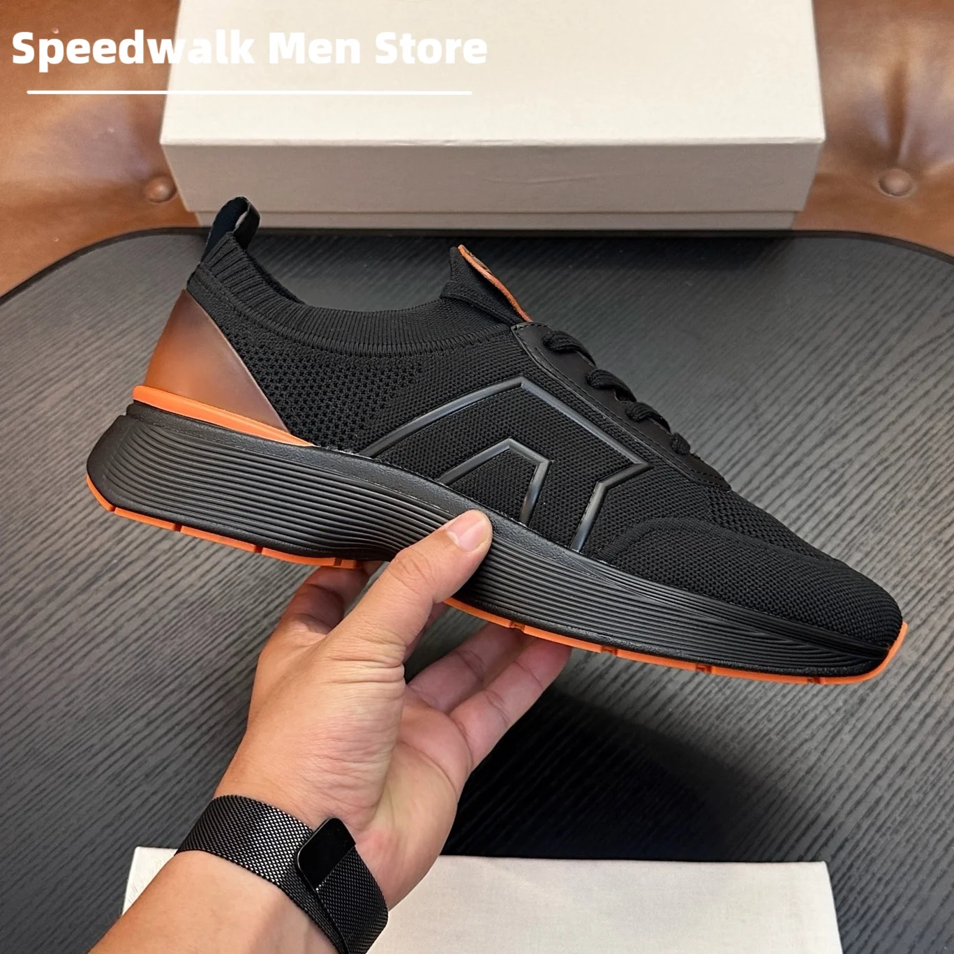 Men Premium All Season Knitted Leather Patch Sneakers Lace Up Cushioned Thick Sole Color Block Urban Daily Walking Trainers
