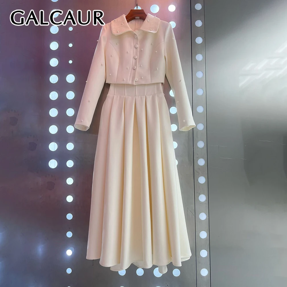 

GALCAUR однотонный комплект из двух предметов с жемчугом, женская куртка с лацканами и длинными рукавами, элегантные базовые женские комплекты с юбкой, осенняя мода, новинка