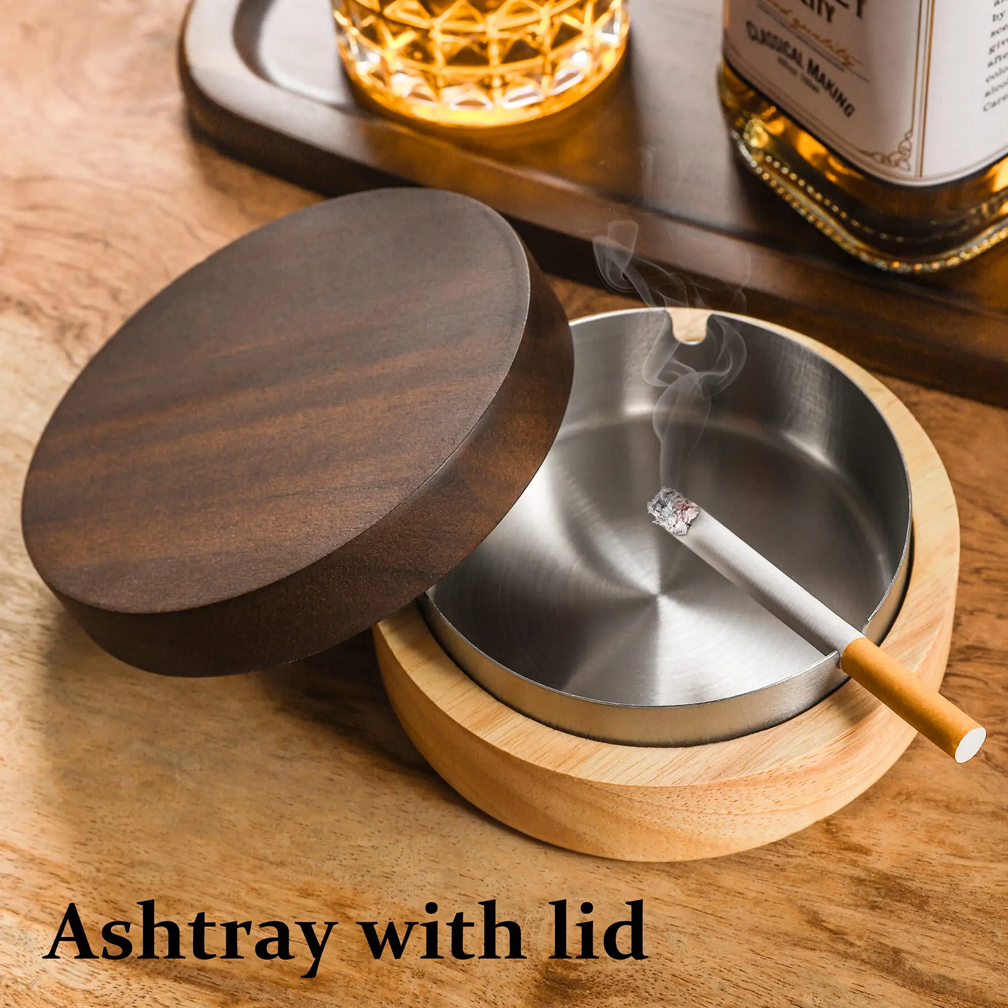 Wooden Ashtray with Lid for Smokers Stainless Steel Liner Ash Tray Windproof Durable Easy to Clean Cool Ashtrays for Indoor