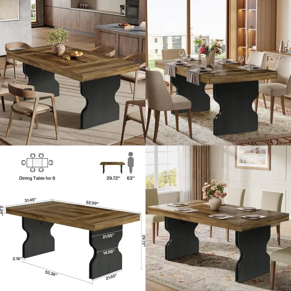 طاولة طعام مستطيلة كبيرة تتسع لـ 4-6 أشخاص، أثاث غرفة العشاء للمطبخ على طراز المزرعة مقاس 63 بوصة