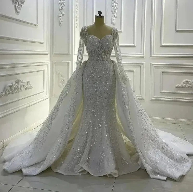 

Luxury Glitter Mermaid Wedding Dress Overskirt Modern Sweetheart Bead Rhinestone Long Sleeves Bridal Gown for Arabic Dubia Vesti