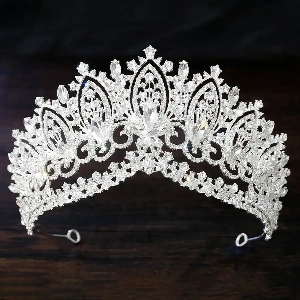 Royal Flower Crystal AB Tiaras For Queen Diadem Women Big Headwear Bridal Wedding Crown Hair Jewelry Prom Headdress