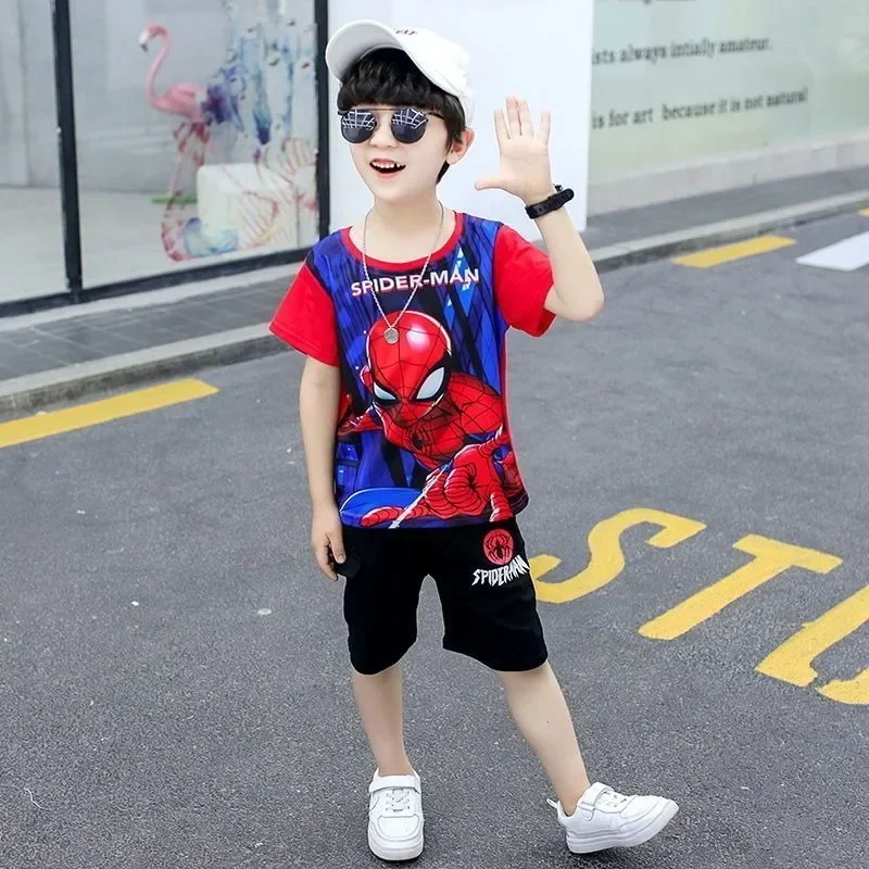 Disney Spider Man Printed Short Sleeve Tshirt Shorts Two Piece Casual Sports Girls Boys Tops Set Cartoon Summer Clothing