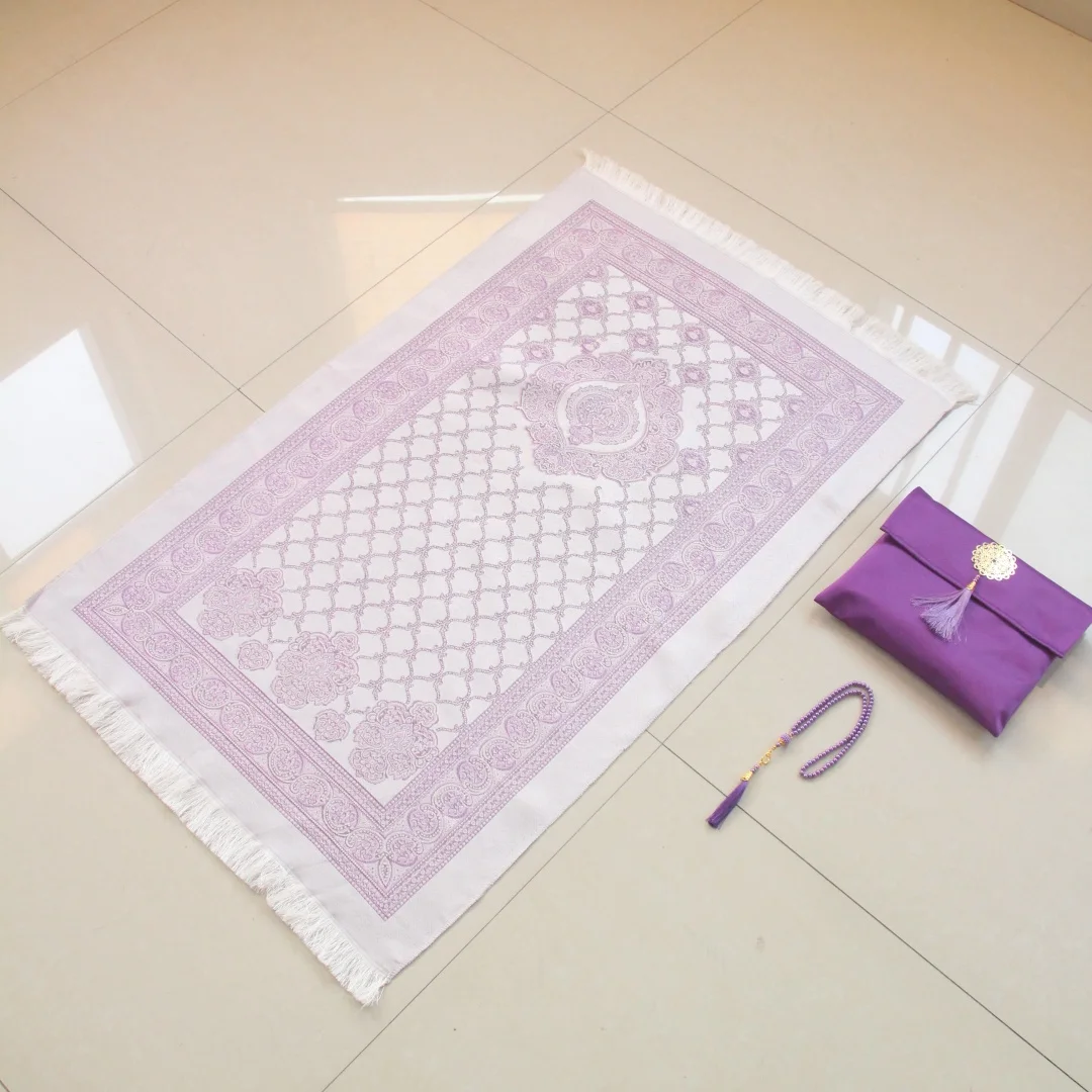 Portable three-piece faux silk bag set, prayer mat matched with tasbih faux silk storage bag, foldable household prayer mat