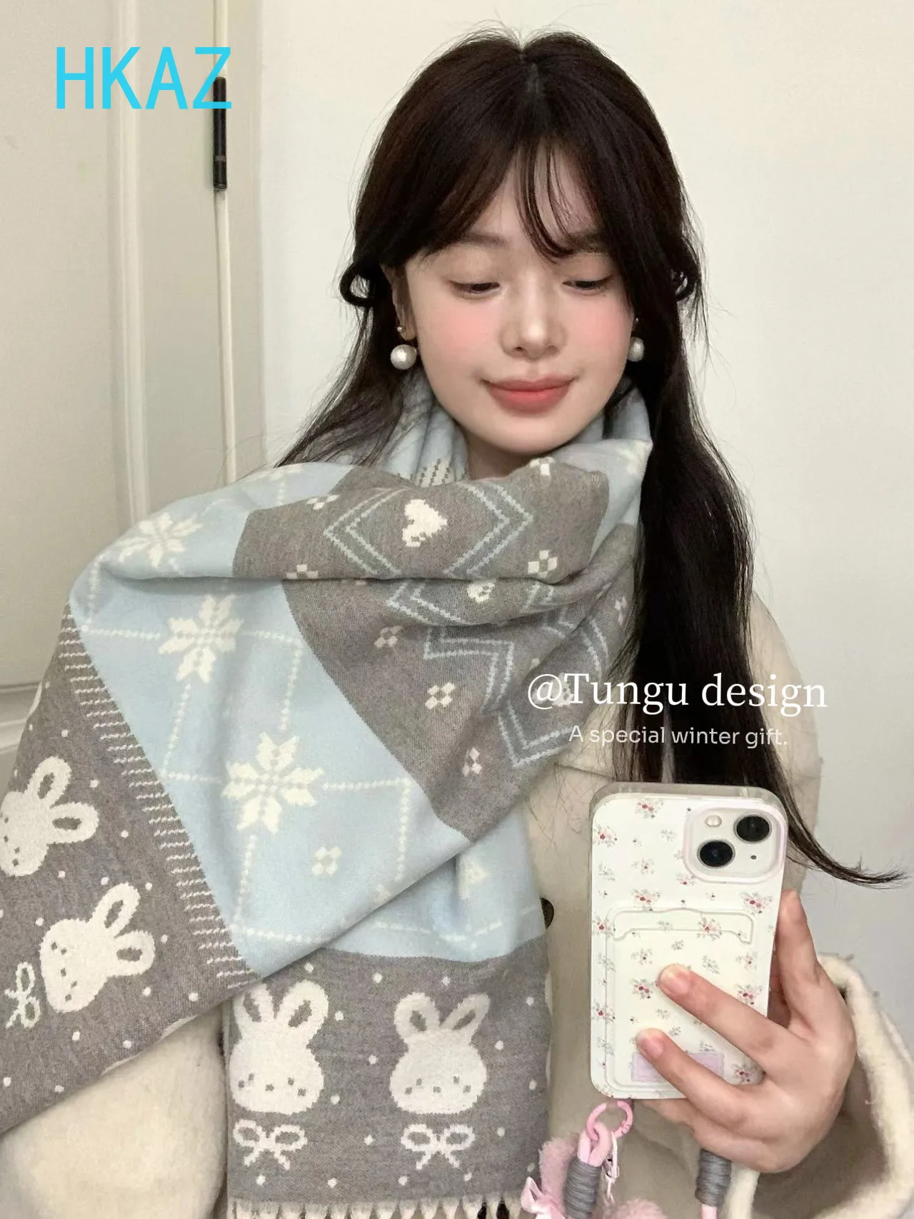 Jacquard Blue Pink Scarf Sweet and Cute Girl Korean Shawl Autumn Winter New Warm Student Versatile Fashion Scarves for Women