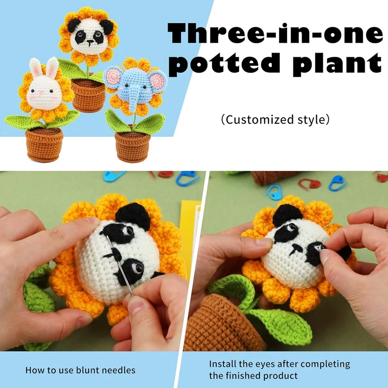 Crochet Kit For Beginners DIY Animal Panda,Elephant,Rabbit Crochet Kit Potted Crochet Knitting Kits Acrylic For Adults Beginner