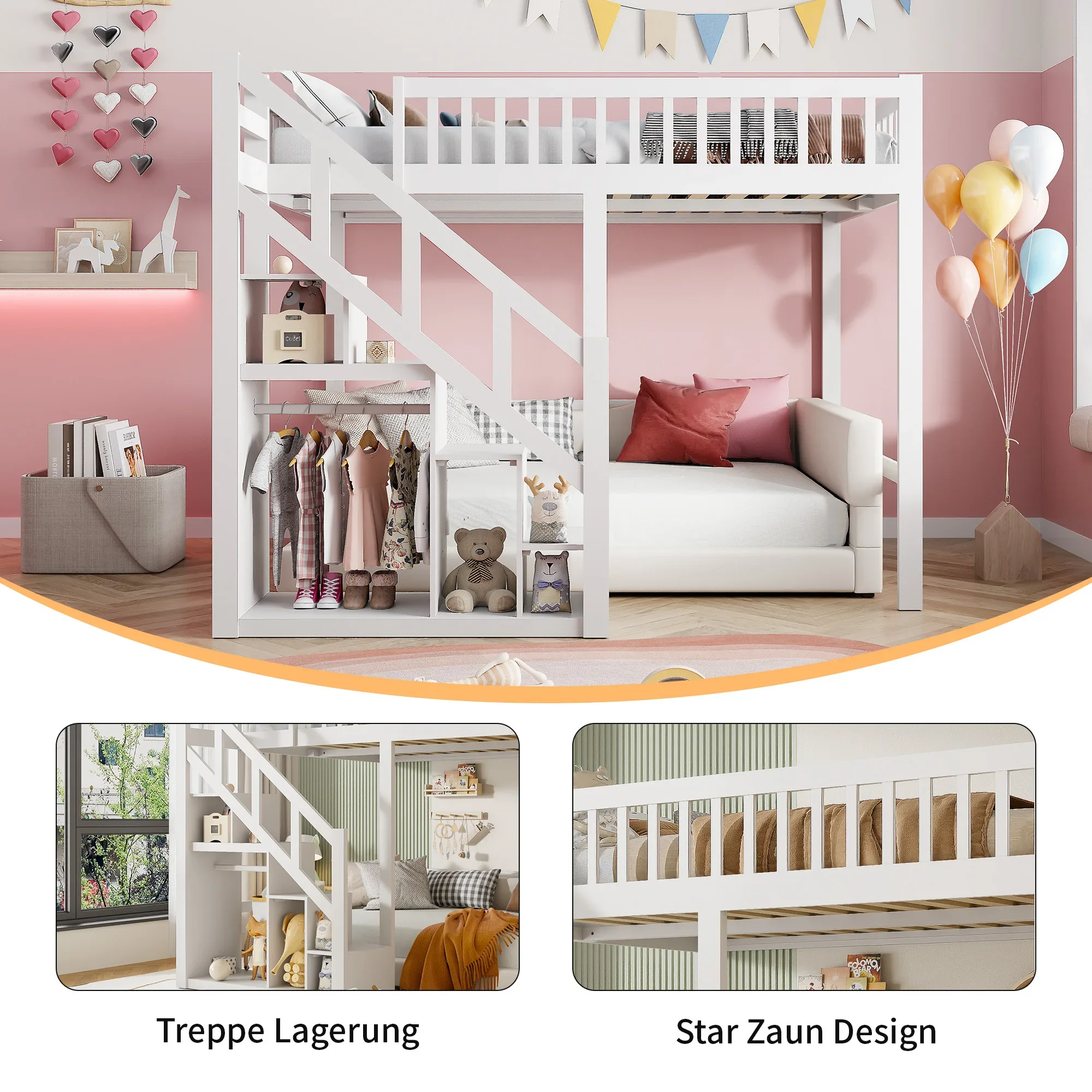 Rosahqnda Kinderhochbett 90x200 cm, 140x200 cm, Kinderbett con Rausfallschutz, Treppe, Stauraum, Etagenbett, Massivholz