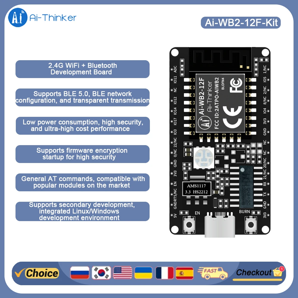 

Ai-Thinker Ai-WB2-12F-Kit Development Board WIFI Bluetooth 5.0 Module PCB Antenna Type-C Interface Supports SHA-1/223/256