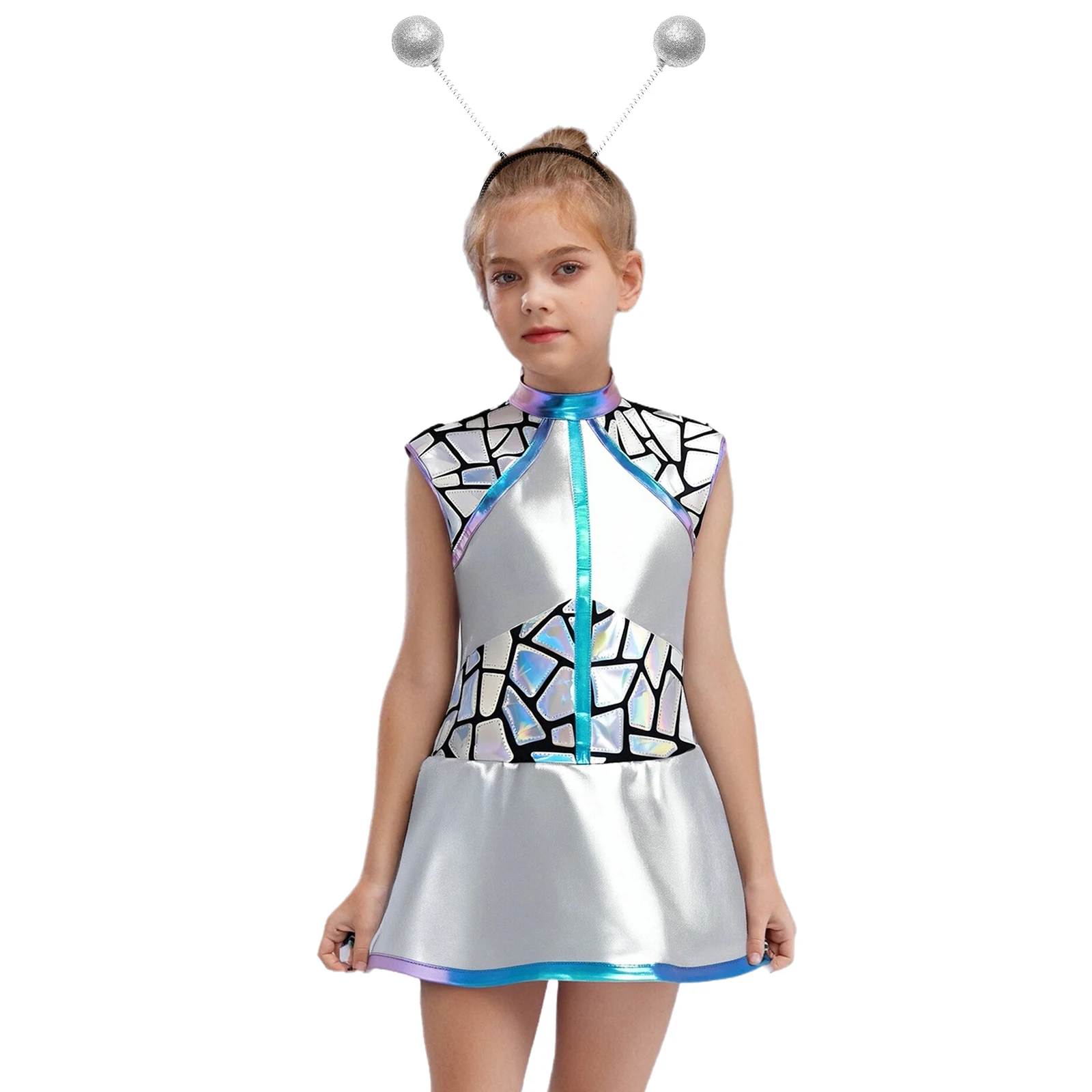 

2Pcs Alien Astronaut Role Play Dress with Matched Antennas Glitter Balls Hair Hoop Headband for Halloween Theme Party