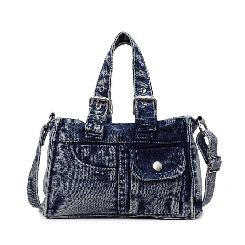 

2025 Distressed Denim Biker Bag Women, Multi-Pocket Shoulder Crossbody Top Handle, Vintage Textured Purse, Rugged Practical​