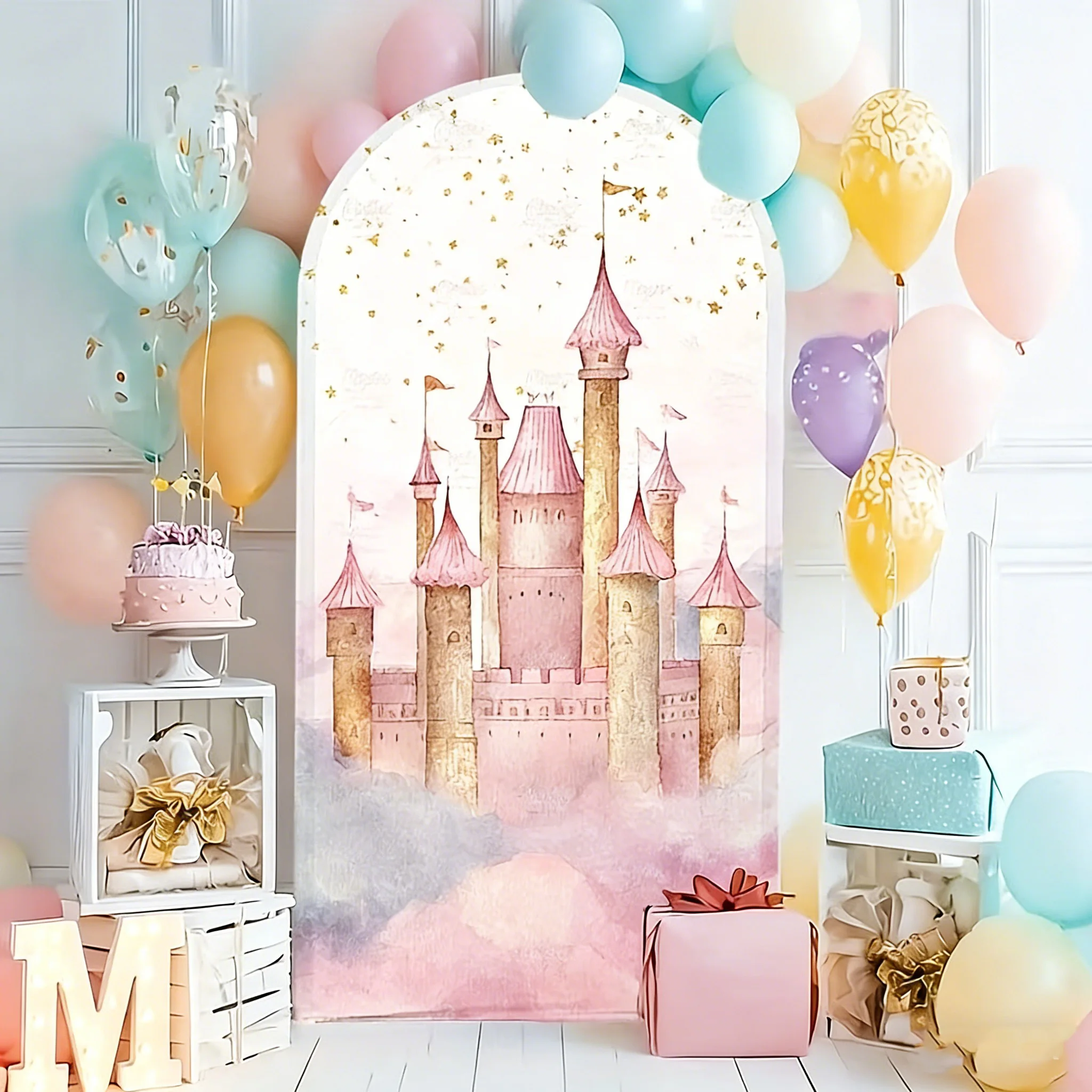 

Custom 2-sided Pink Castle Photo Backdrop Sweet Girl Happy Birthday Cake Table Background Golden Stars Arched Cover Decorations