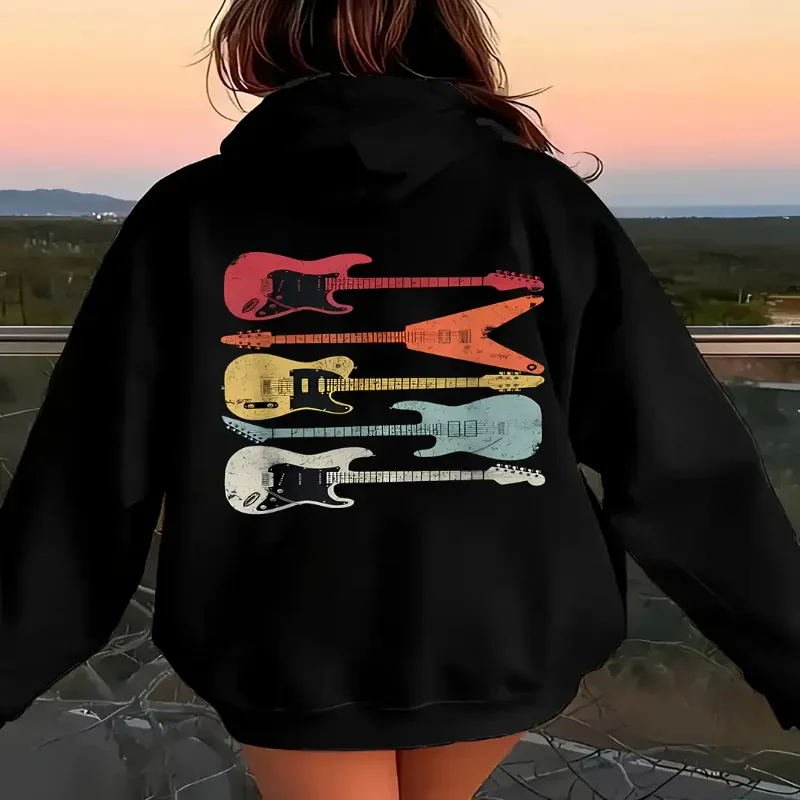 

Womens Y2K Hooded Electric Guitar Graphic Clothes Autumn Winter Season Casual Streetwear Concert Parties Print Daily Wear