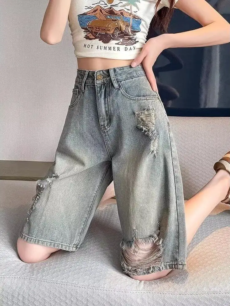 

Loose Fit American Style Ripped Denim Shorts Women's Summer Thin Straight Leg Wide Leg Hot Pants plus Size Blue Jeans