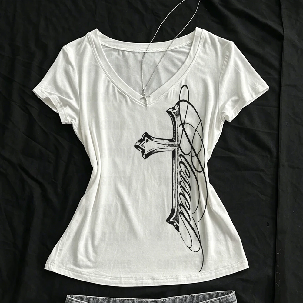 Y2K style printed top from the 2000s, summer cute girl style patterned women's top, retro original style short sleeved street fa