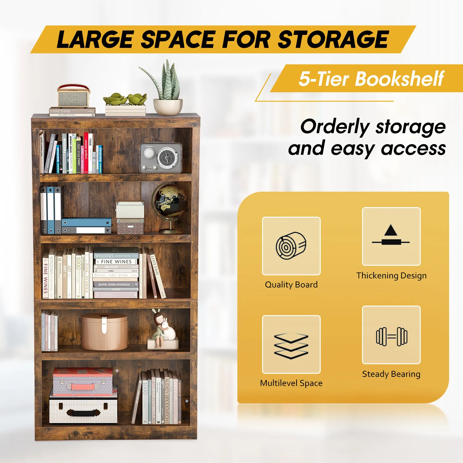 رف كتب خشبي من 5 طبقات للأثاث والخدش لغرفة الدراسة، تصميم موفر للمساحة للتخزين، سهل التجميع #5