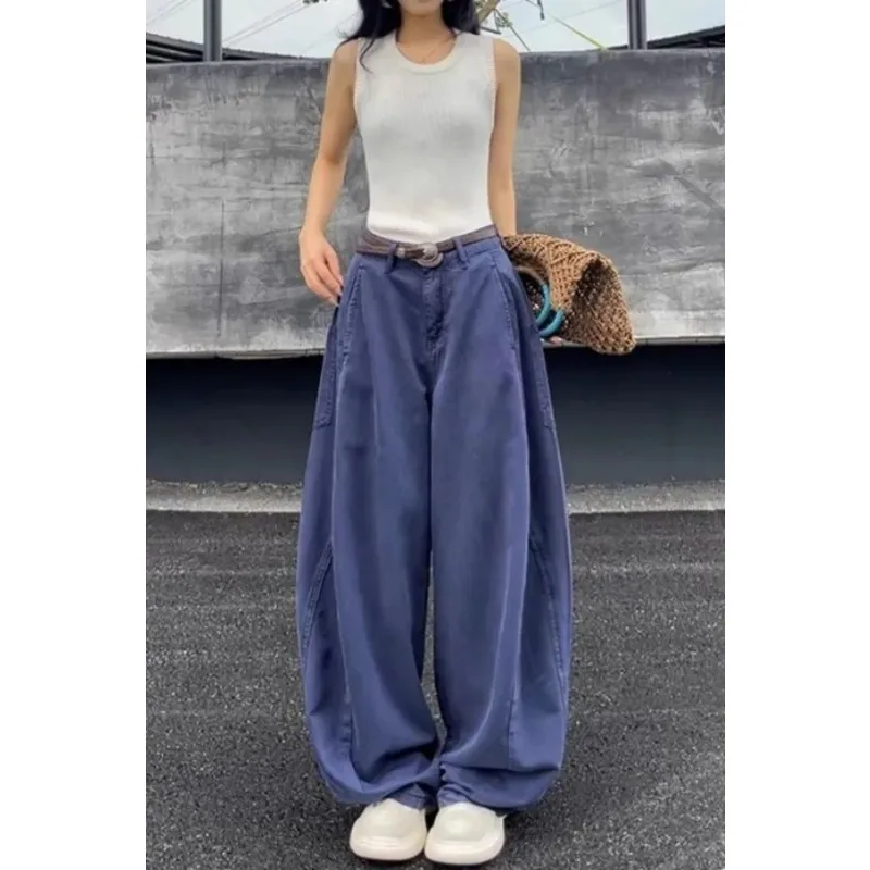 Women's Blue Oversized Barrel Leg Jeans High Waisted Wide Leg Denim Pants with Belt Vintage Streetwear