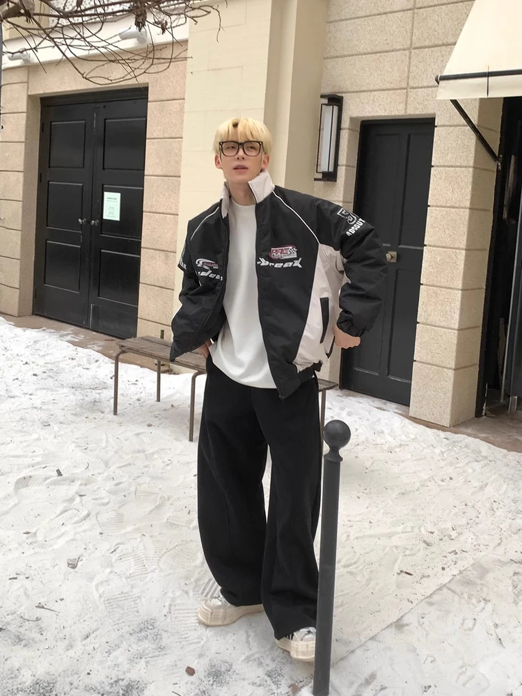 

Retro American Color Blo Stand Collar Jaet Men Women Loose Couple Baseball Outfit Autumn Winter Warm Polyester Fiber