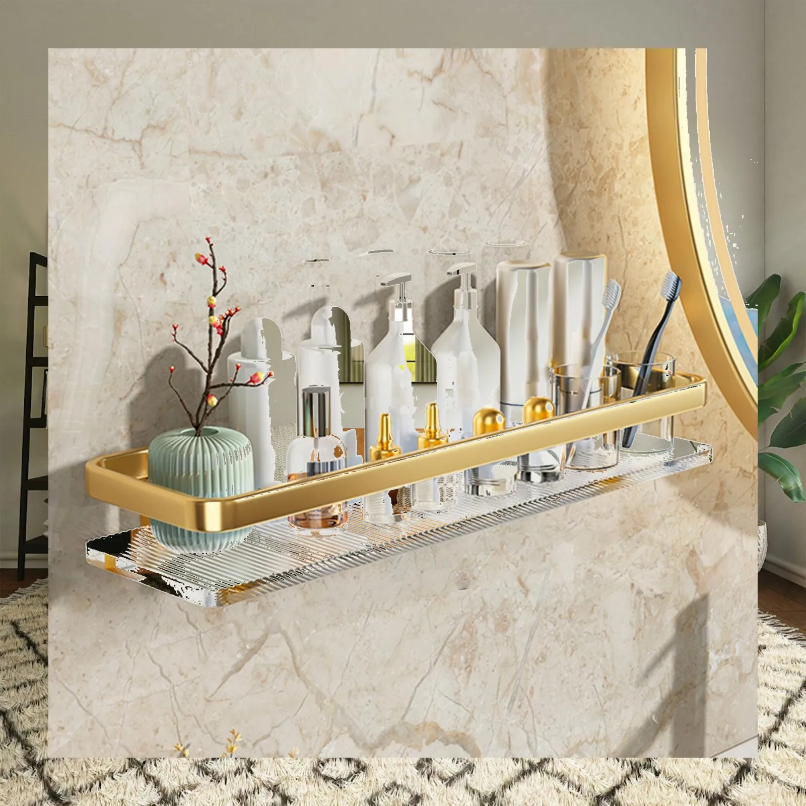 Wall Shelf Acrylic Floating Shelf Organizer Detachable Easy Install on Tile Glass Marble for Bathroom Kitchen Hotel