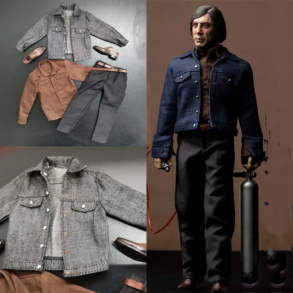 1/6 Scale Men's Cold-blooded Killer Anton lothes Suit Denim Jacket Brown Shirt Pants Set with Shoes for 12'' Action Figure