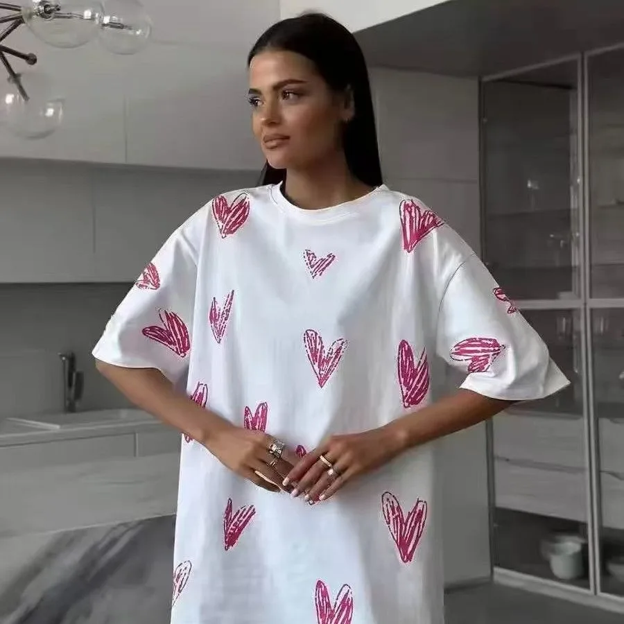 Short sleeved T-shirt Women's Summer Fashionable Loose Oversized Clothes Round Neck Heart-shaped Printed Tops