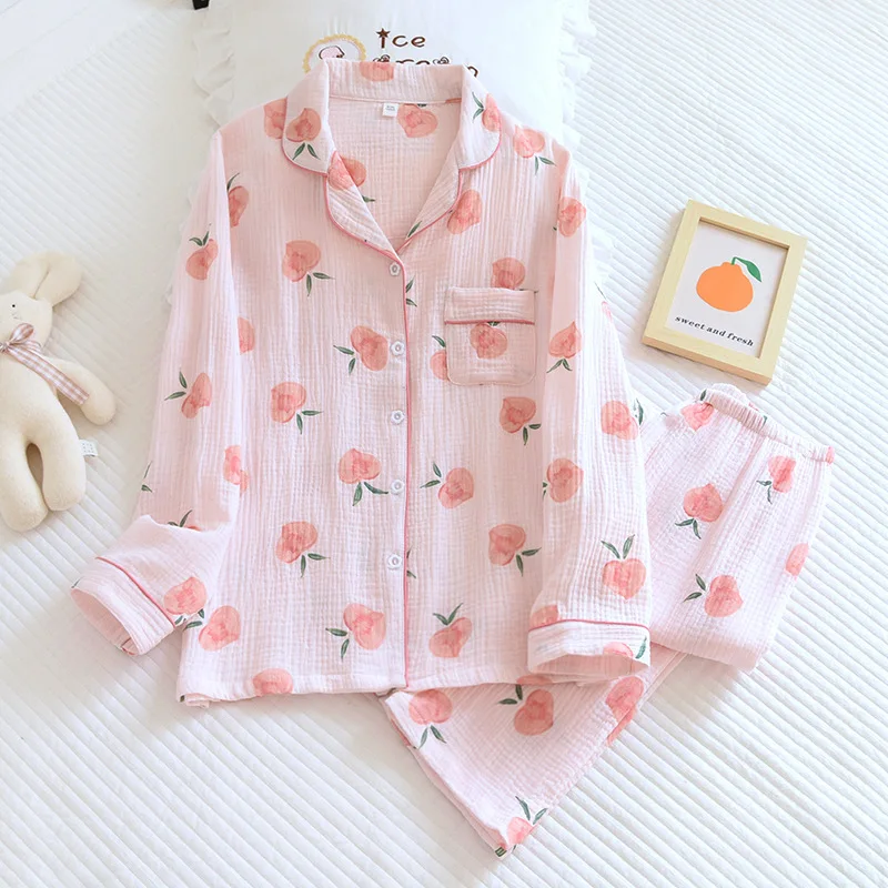 

Autumn Double-layer Crepe Cotton Japanese Style Cardigan Long Sleeve Pants Print Pajamas 2PCS Home Clothes Sleepwear Nightwear