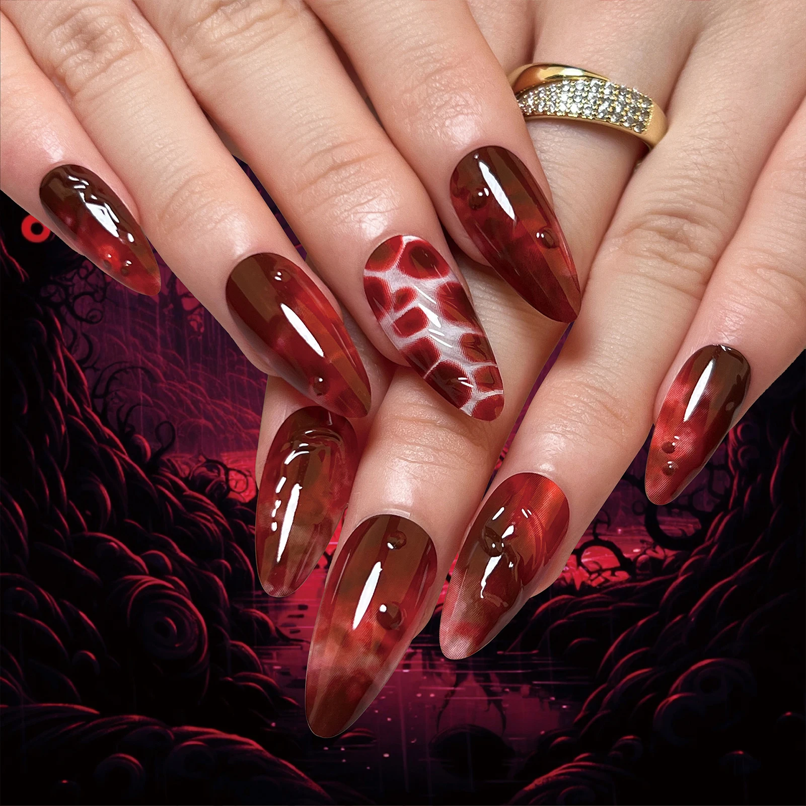 Blood Red Smudging Almond Fake Nails Chip-Proof Smudge-Proof Fake Nails for Stage Performance Wear