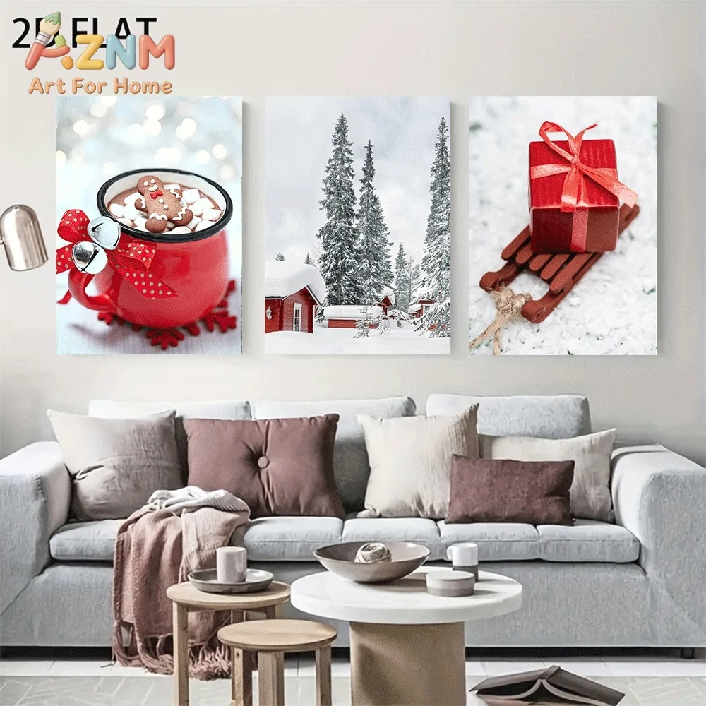 AZNM Christmas Gingerbread Man Hot Cocoa Marshmallow Canvas Wall Art, Festive Red Cup Bell Ribbon Print Painting for Home Living