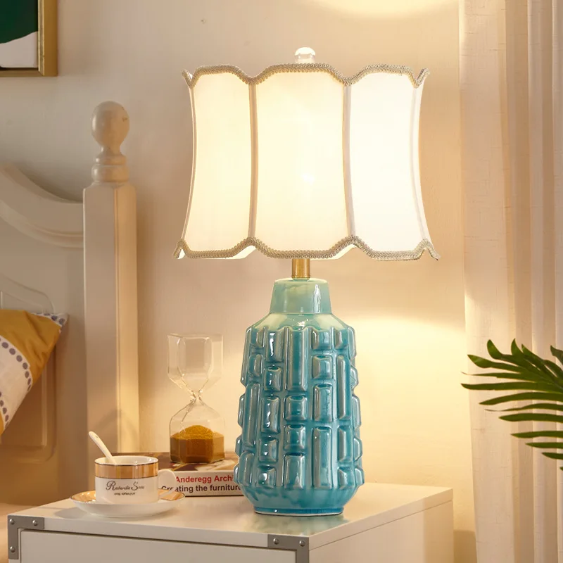 Creative Green Ice Crack Ceramic Base Floor Lamps Living Room Bedroom Study Villa Hotel Bedside Atmoshere Fabric LED Desk Lights