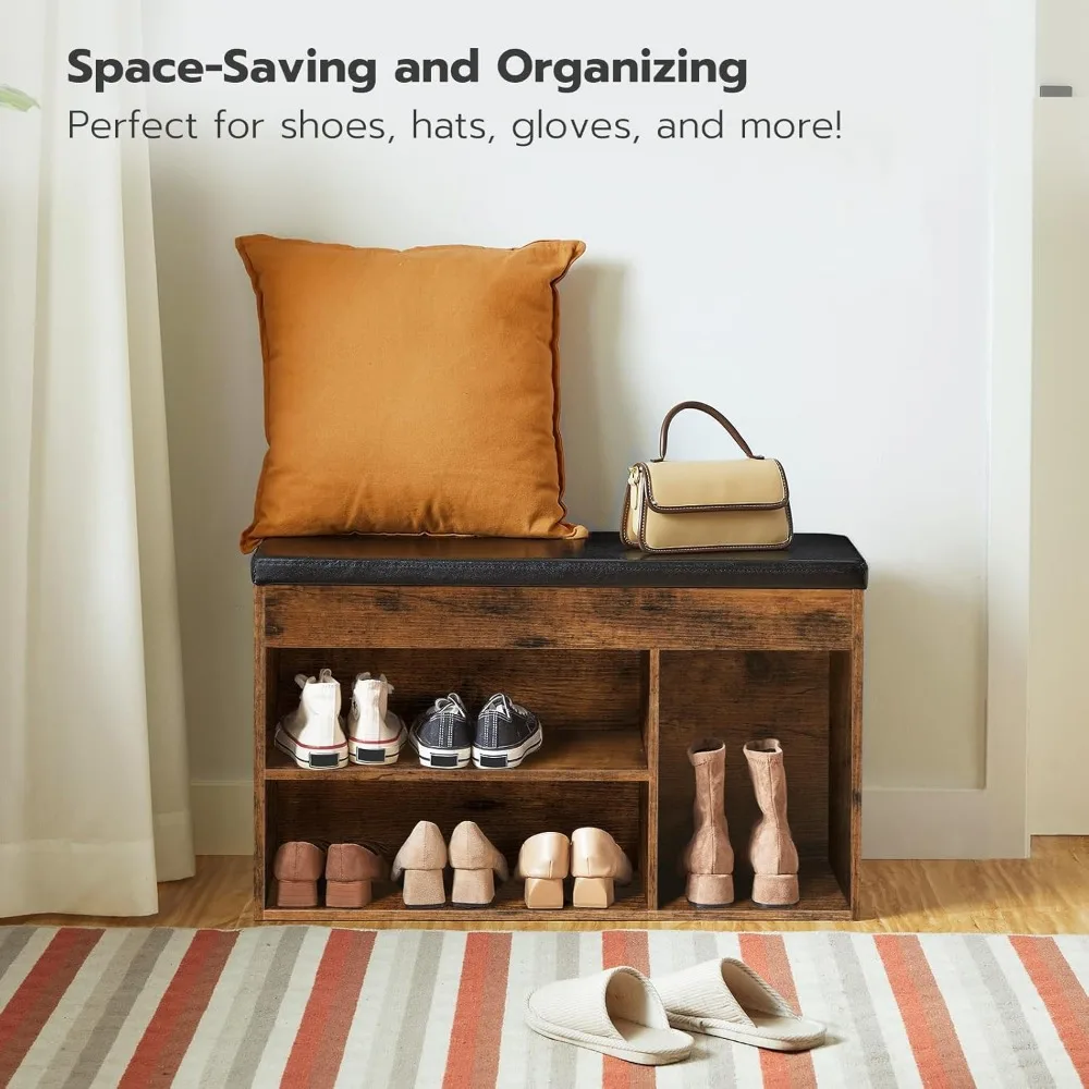 Padded Cushion Storage Bench, Entryway Shoe Rack with Flip-Open Box and Adjustable Shelf