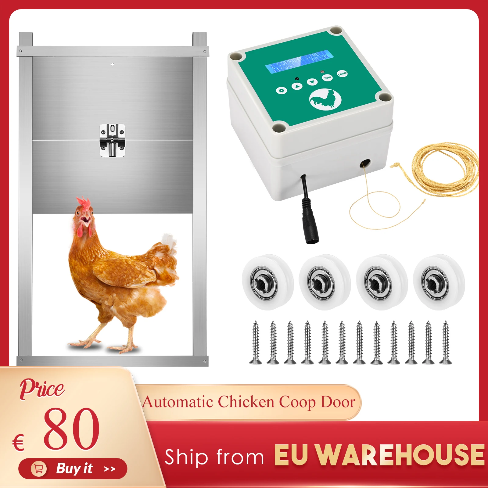 

Automatic Chicken Coop Door with Timer Light Sensor LCD Screen Low Battery Alarm Function 4 Setting Modes 2 Remote Controls